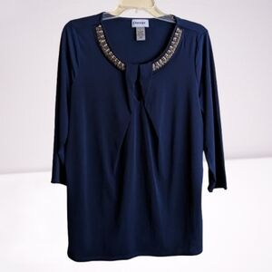 Glitterscape Blouse Navy Blue Beaded Neckline Slinky Stretchy 3/4 Sleeves Large
